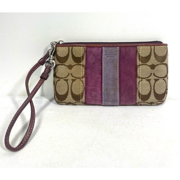 Coach Signature Canvas & Purple Leather Striped Wristlet - Picture 1 of 4